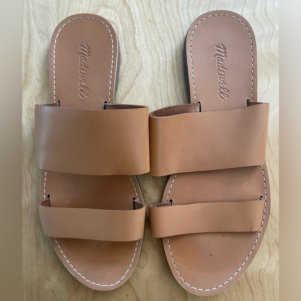 Madewell Boardwalk double strap leather slide sandals. Tan leather.